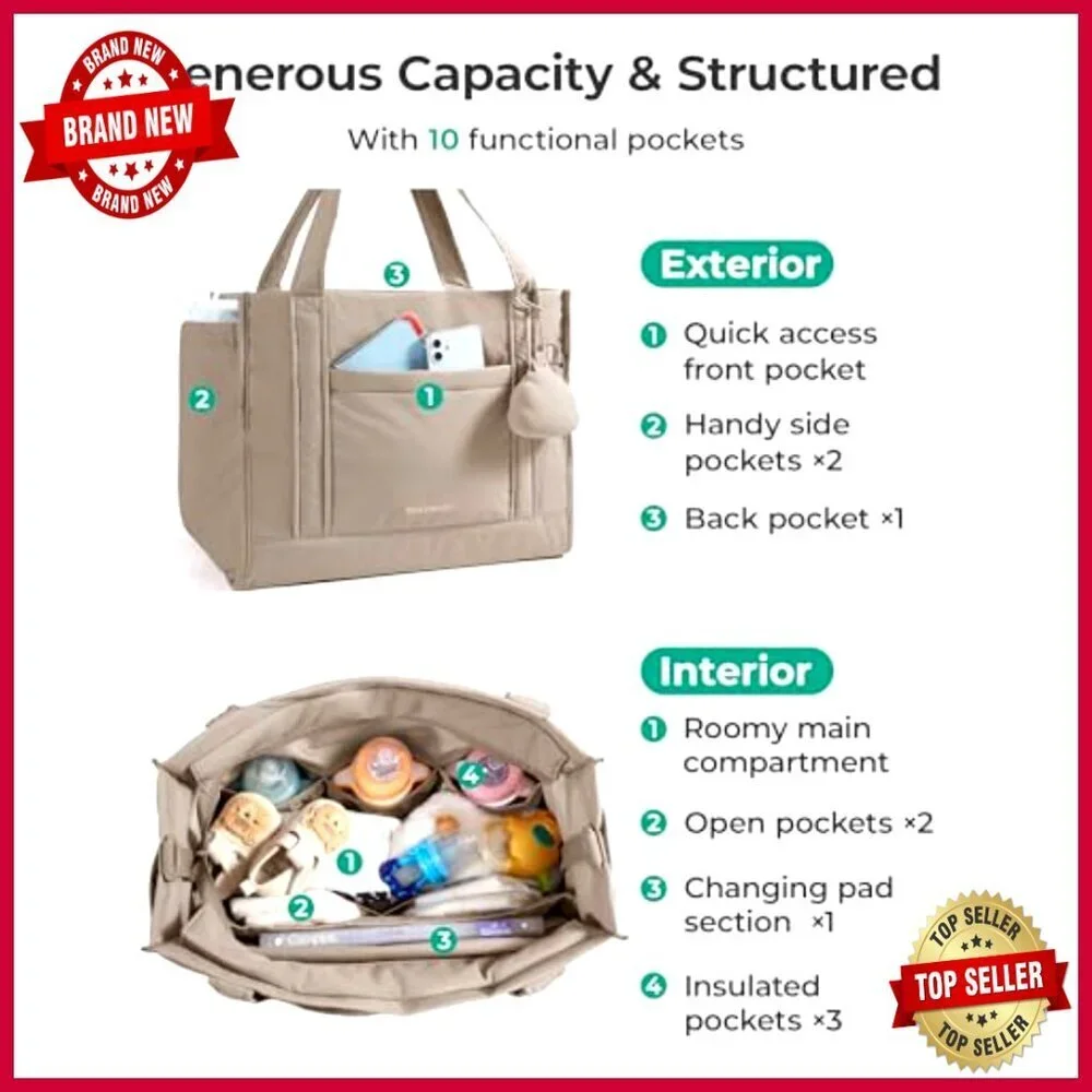 Large Puffer Tote Diaper Bag with Insulated Pockets, Water Resistant